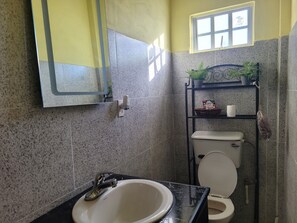 Regadera, toallas, jabón, papel de baño 