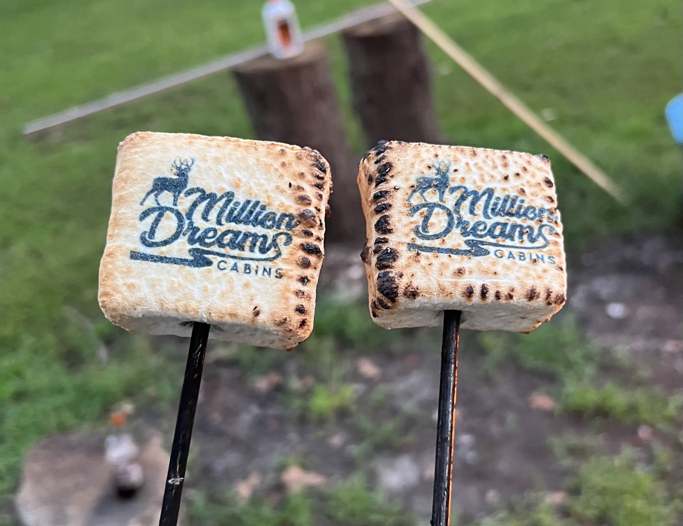 Duas marshmallow assadas em palitos, com a marca 'Million Dreams Cabins'.
