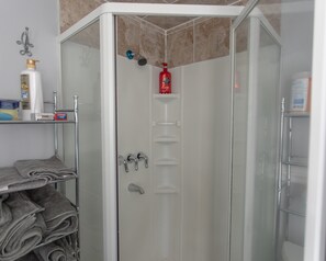 Shower, hair dryer, towels, soap
