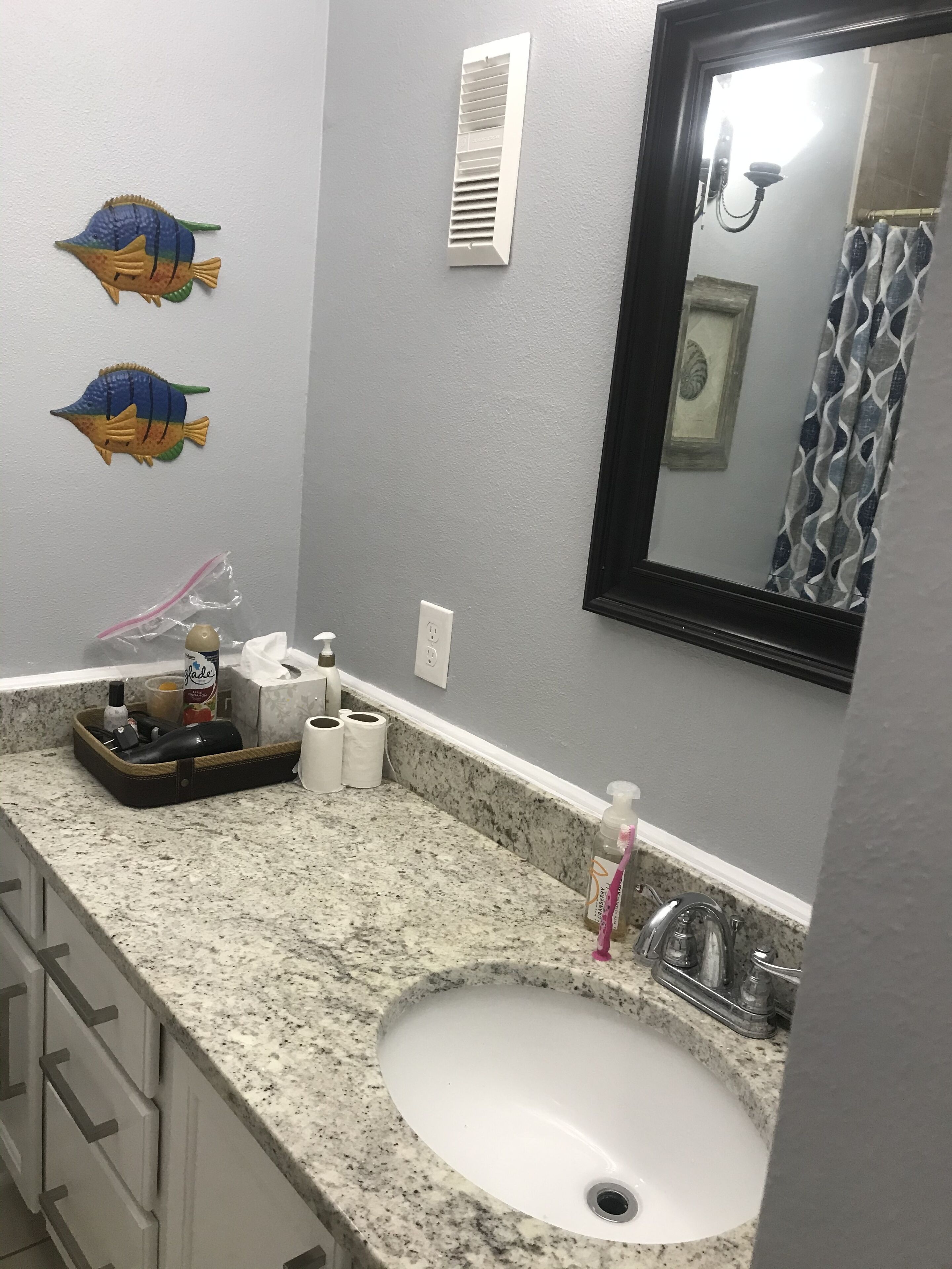 A bathroom with a granite countertop, a white sink, a mirror, and two decorative fish wall art pieces.