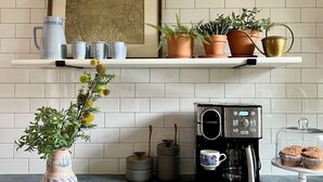 Une cuisine équipée d’une machine à café, d’une étagère avec des plantes en pot et d’une œuvre d’art encadrée.