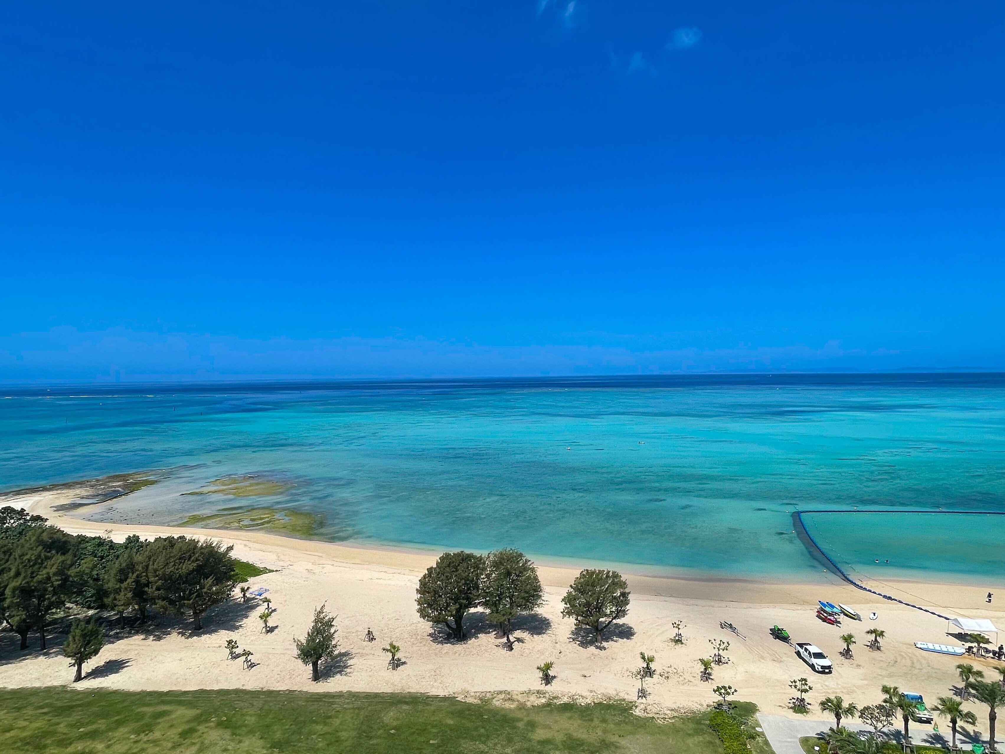 Une plage aux eaux turquoise et limpides, un rivage sablonneux et quelques arbres.