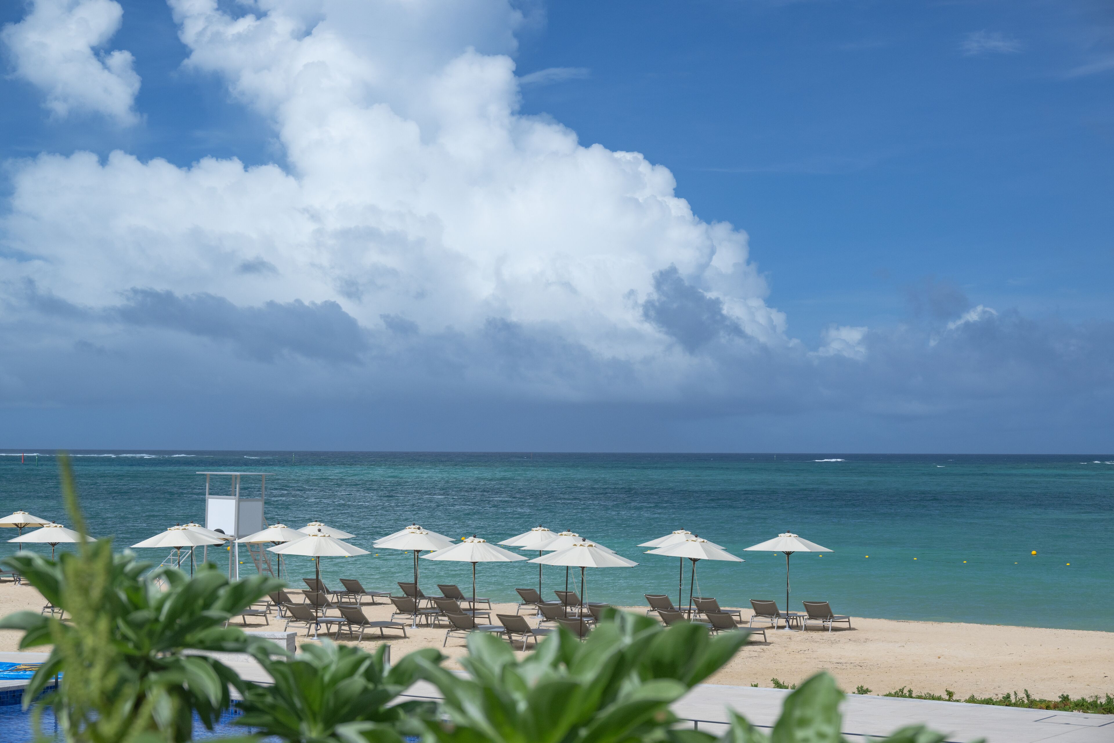 On the beach, white sand, sun loungers, beach umbrellas