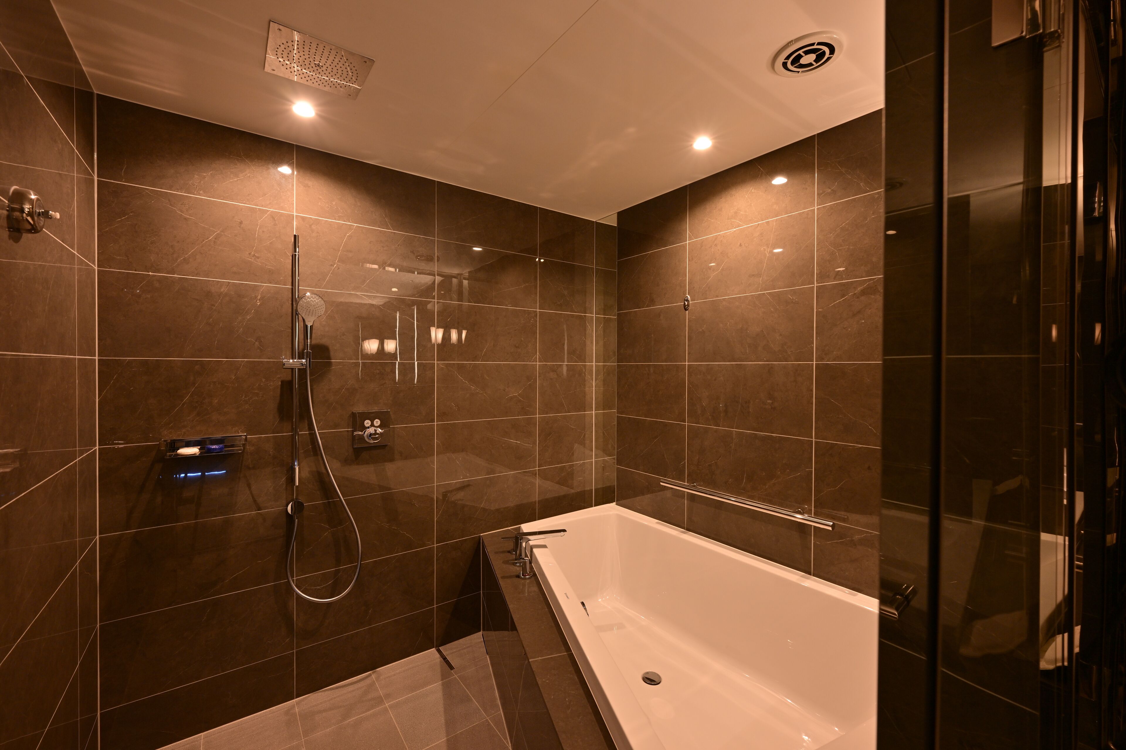 A modern bathroom with a bathtub, shower, and glass-enclosed shower area.