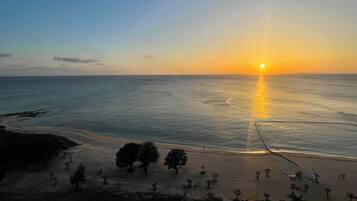Una playa con atardecer, mar tranquilo y algunos árboles.