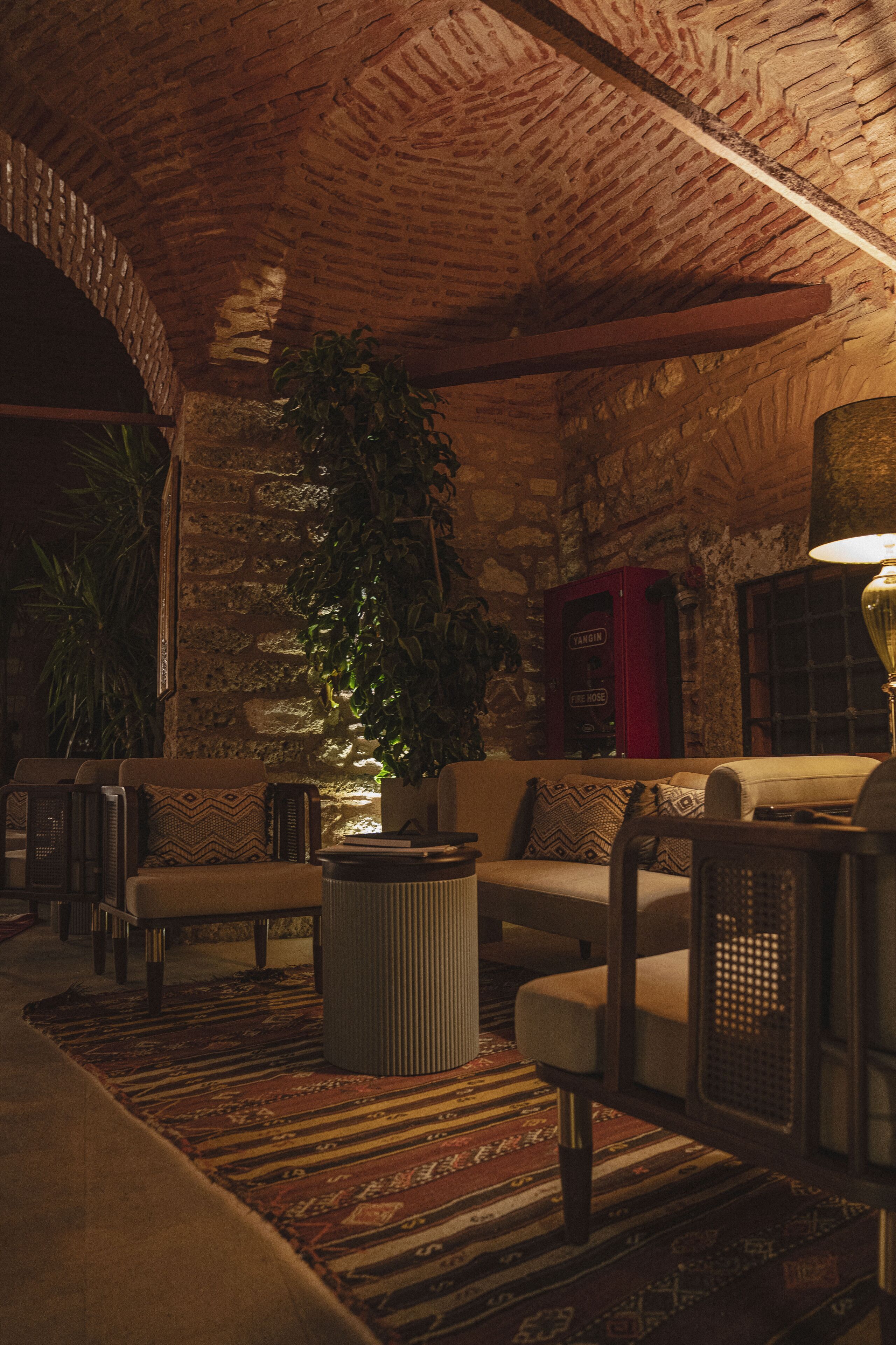 A cozy, dimly lit room with a stone wall, a large plant, and a red cabinet.