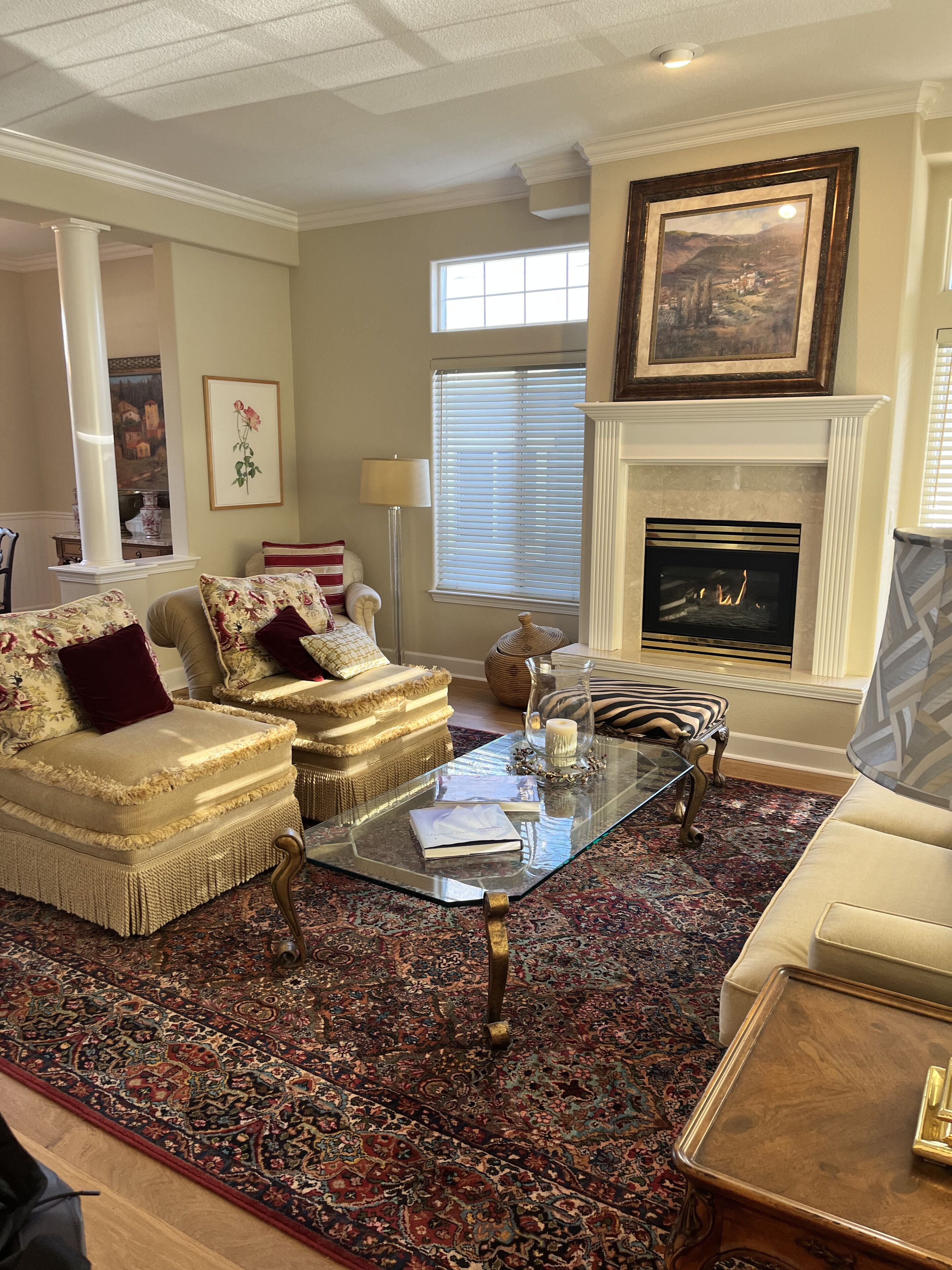 Télévision à écran plat, cheminée, chaîne hi-fi