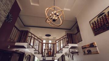 TV, fireplace, books