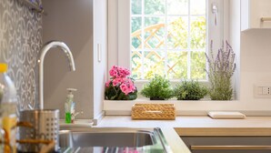 A kitchen with a window, a sink, and a countertop with a basket and a plant. - Amazing Viale Trastevere with Terrace (Roma)