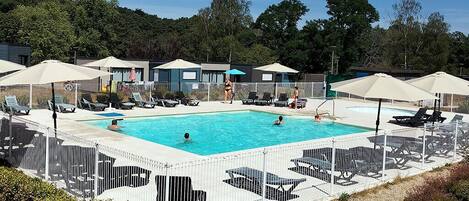 Seasonal outdoor pool, pool loungers