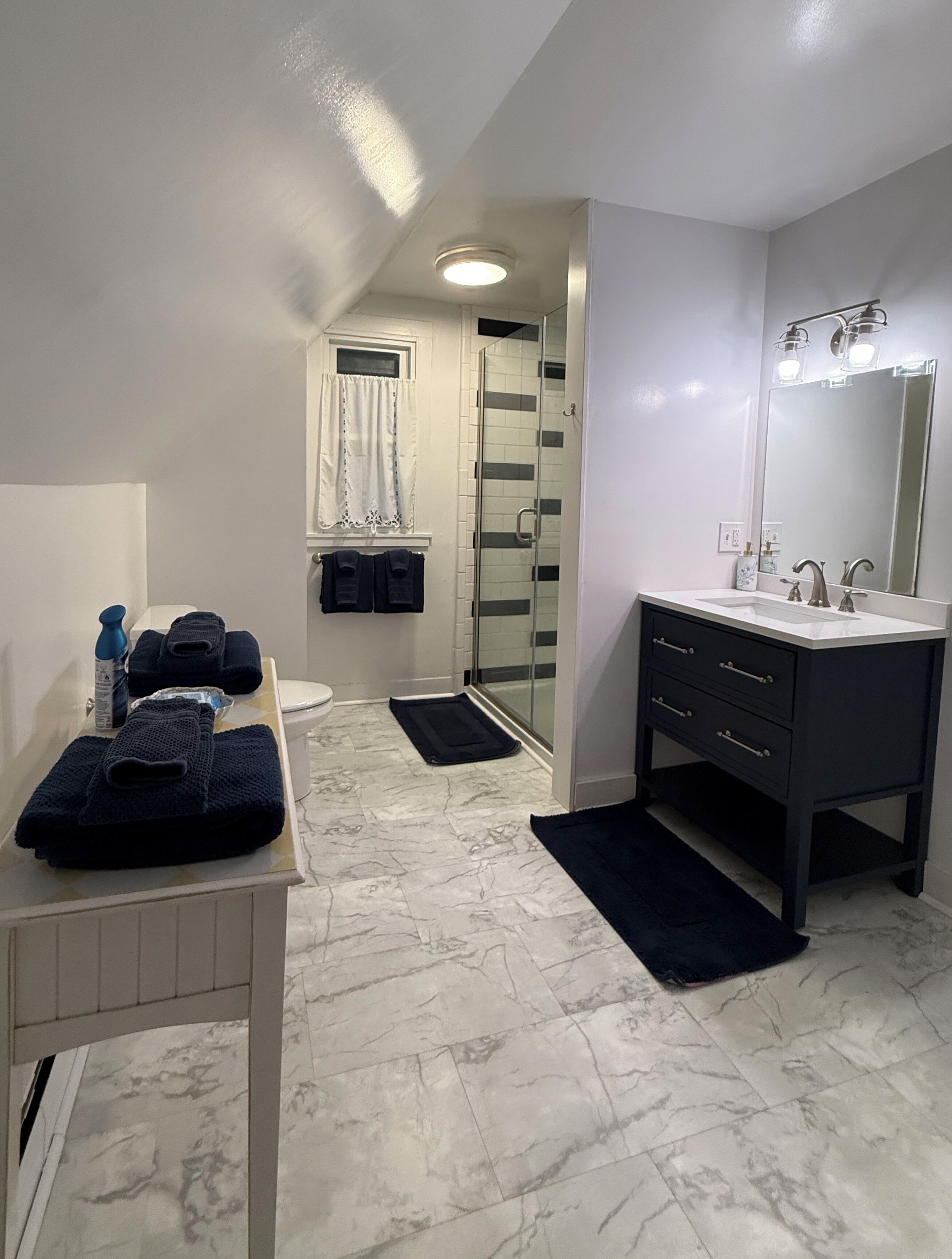 Combined shower/bathtub, hair dryer, towels, soap