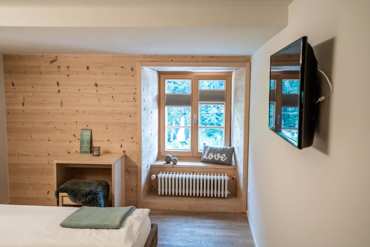 Une pièce aux murs en bois, avec un lit, une fenêtre donnant sur un paysage agréable, un radiateur et un téléviseur fixé au mur.
