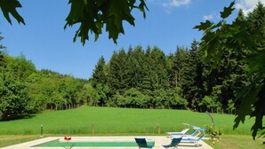 A swimming pool area with lounge chairs, surrounded by a grassy field and dense trees.