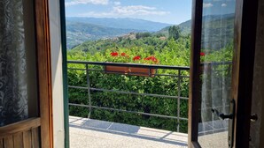 A balcony with a view of a mountainous landscape, a wooden railing, and a door with a glass panel.