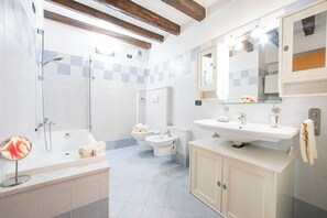 Combined shower/bathtub, hair dryer, bidet, towels