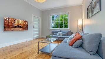 Een smart-tv, een open haard en boeken