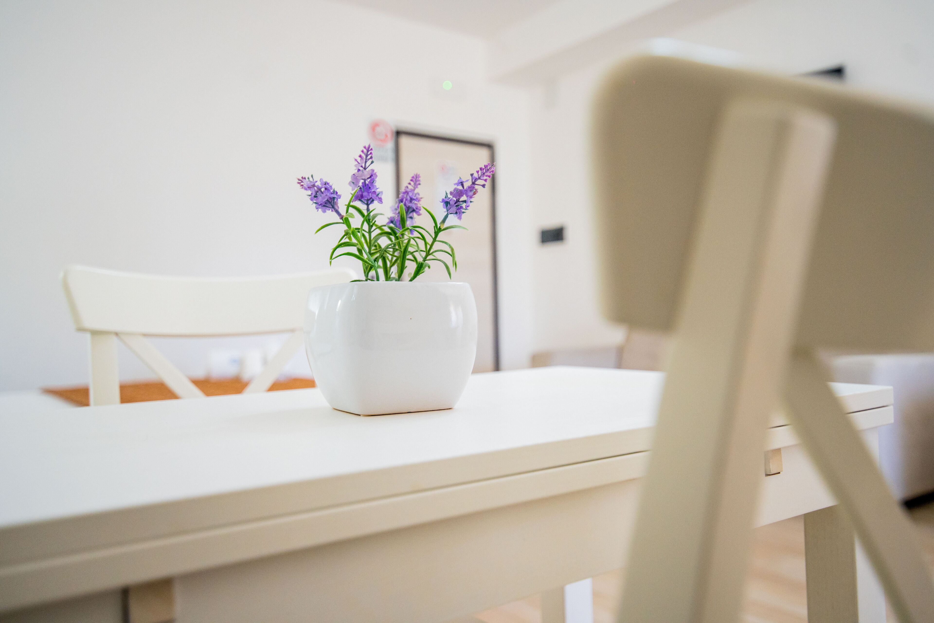 A white table with a white vase containing purple flowers.