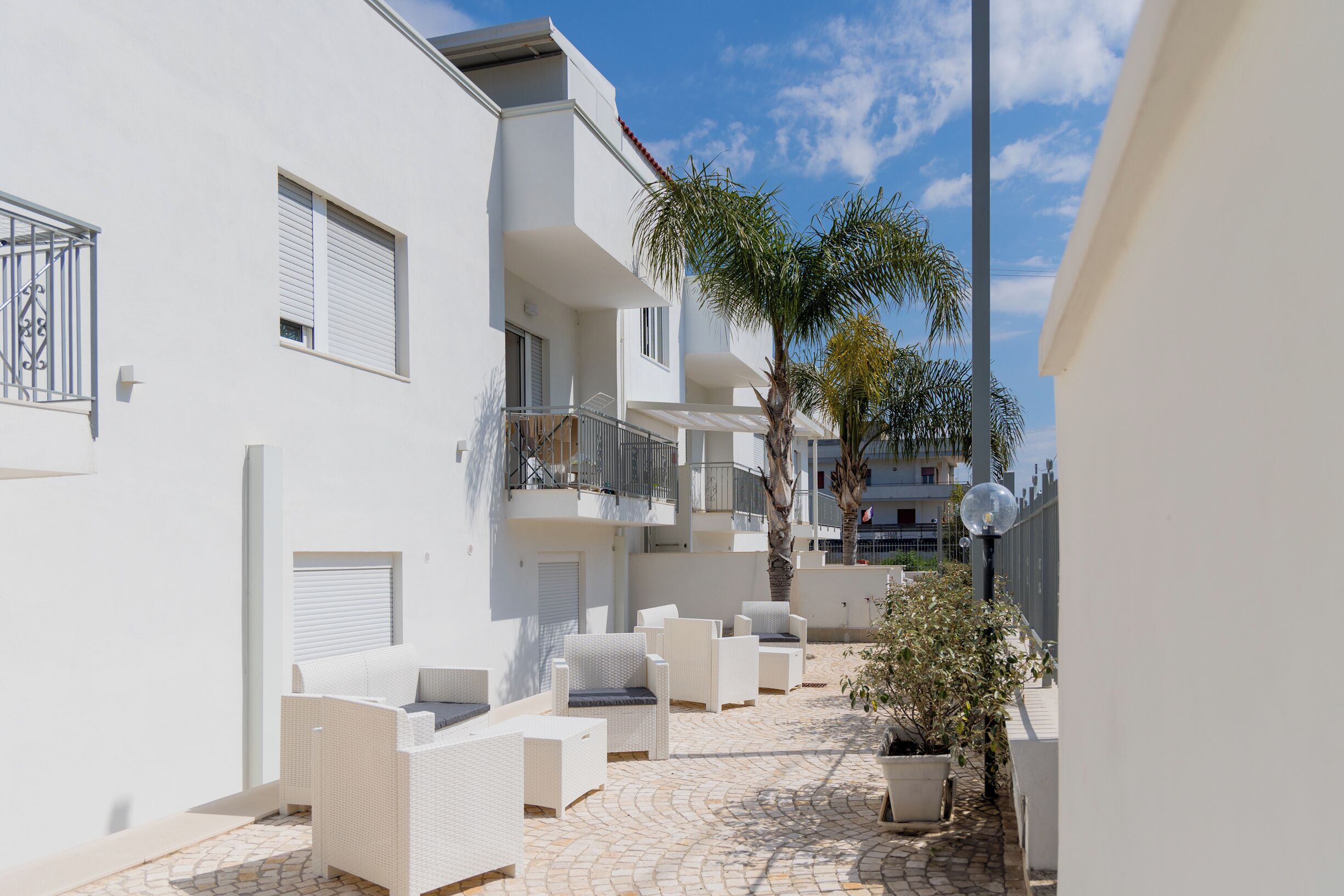 A courtyard with white wicker furniture, a palm tree, and a potted plant.