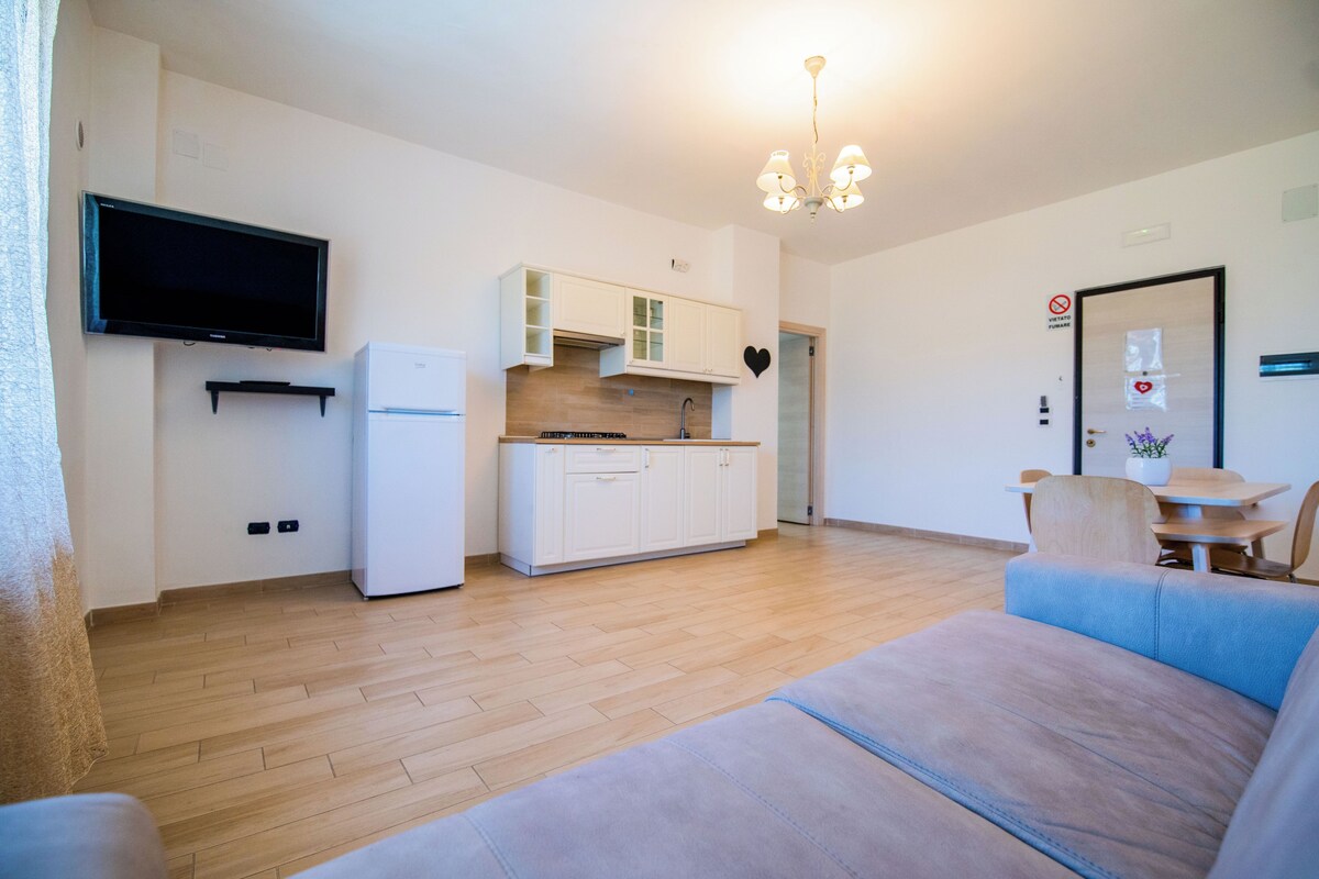 A modern living room with a sofa, a television, a kitchen area with cabinets, and a dining table.