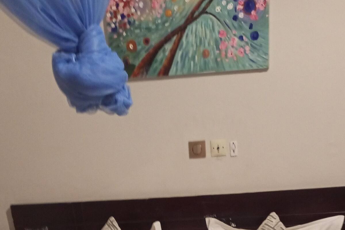 A bed with white bedding and two patterned pillows, a dark headboard, and a wall with a colorful painting.