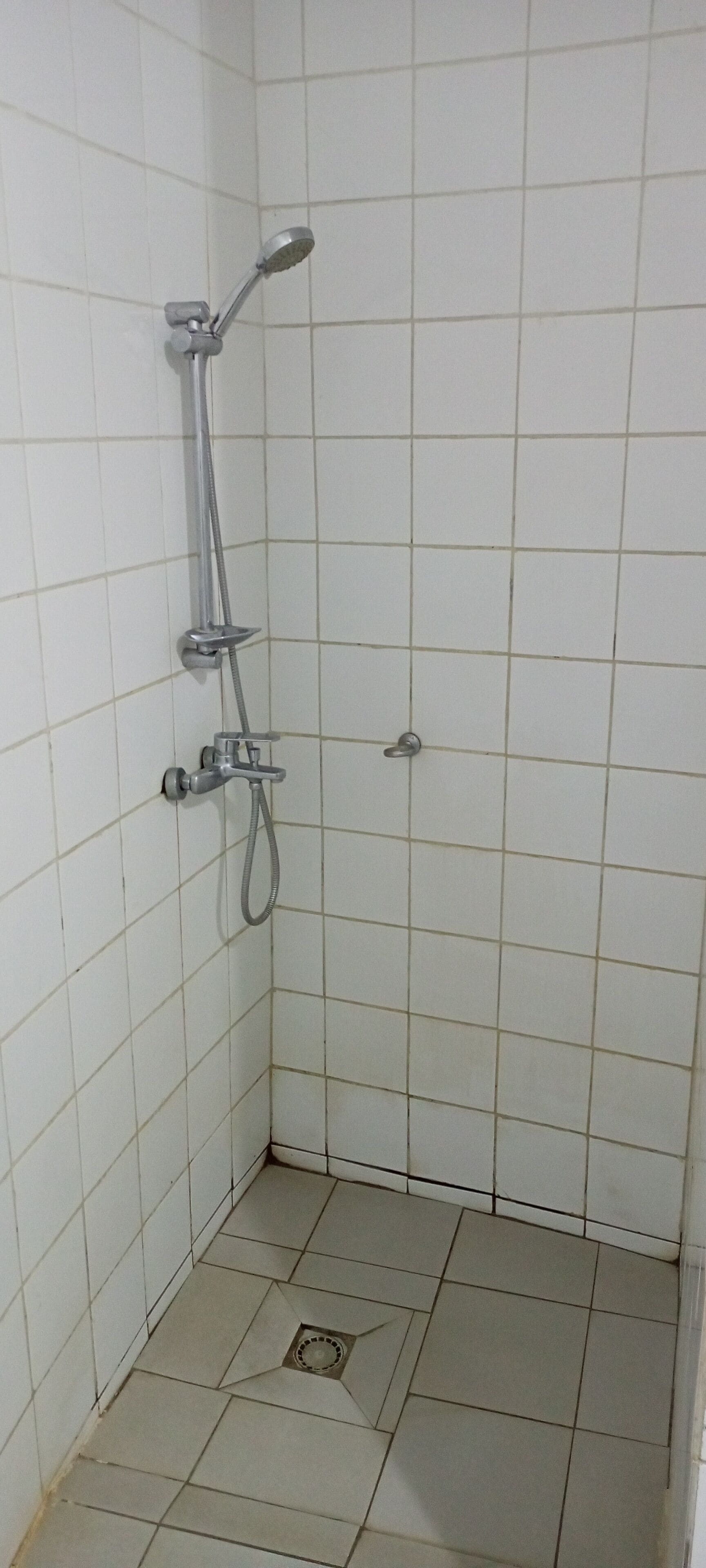 Een kleine douchecel met betegelde wanden, een handdouche en een douchekop.