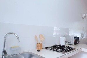Fridge, microwave, stovetop, electric kettle