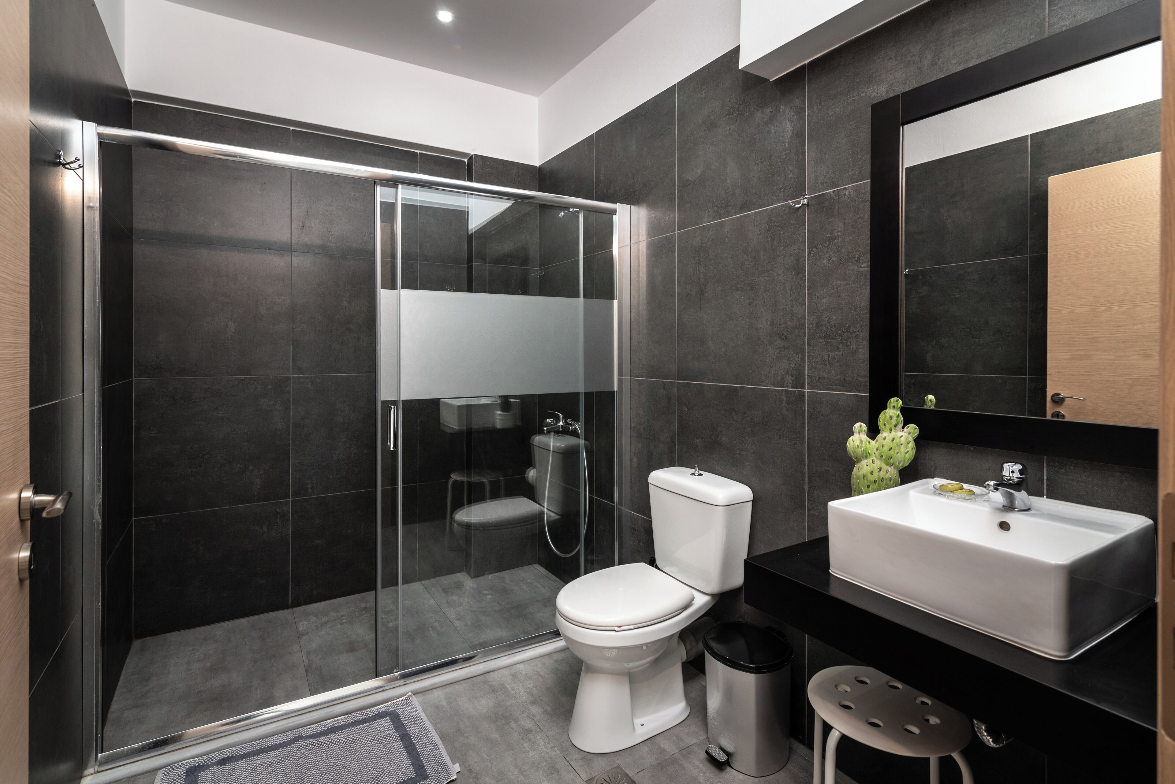 Un baño moderno con ducha envuelta en vidrio, inodoro blanco y lavamanos con espejo superior.