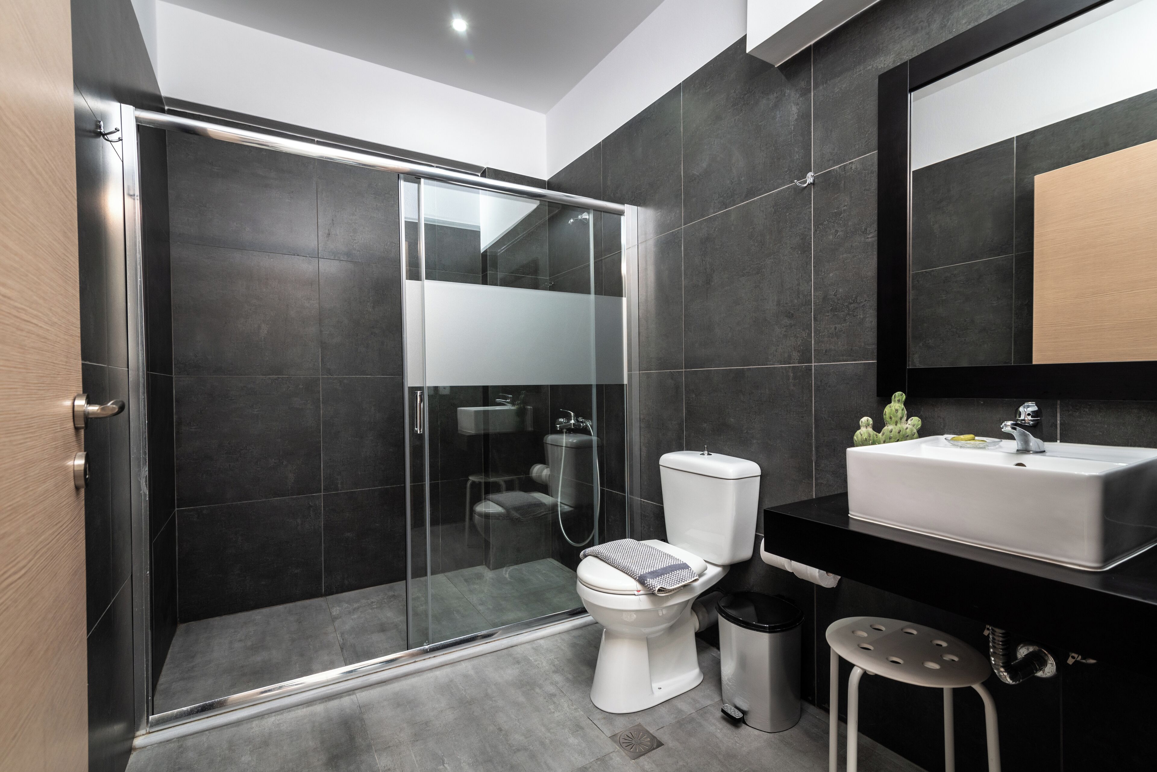 A modern bathroom with a glass-enclosed shower, a white toilet, a sink with a mirror, and a trash bin.