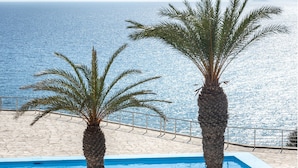 Deux palmiers bordent une piscine, offrant une vue sur la mer.