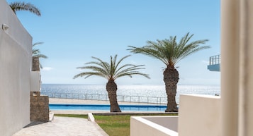 Vista a la piscina con cielo azul despejado, palmeras y una pileta.