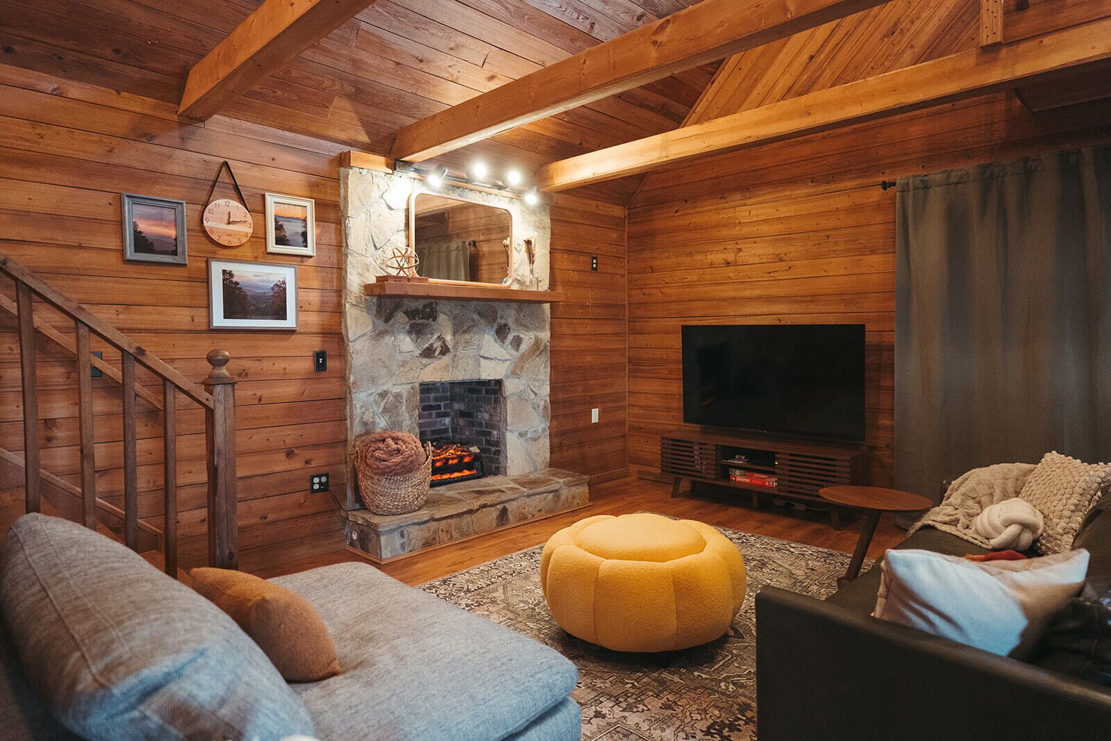 TV connectée, cheminée, lecteur de DVD, livres