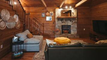 TV connectée, cheminée, lecteur de DVD, livres