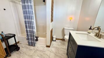 Combined shower/bathtub, hair dryer, towels, soap