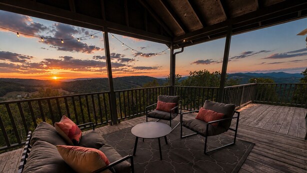 A covered outdoor seating area with a view of the sunset over a mountainous landscape. - Endless Views: Sunsets, Sauna, Outdoor Firepit under the Stars (Max Meadows)