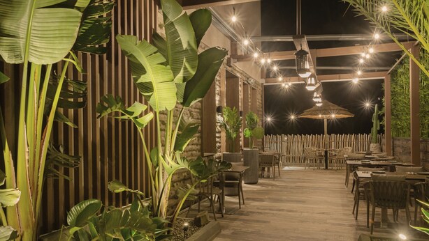 Ein Patio im Freien mit Holzboden, Tischen, Stühlen und großen Kübelpflanzen.