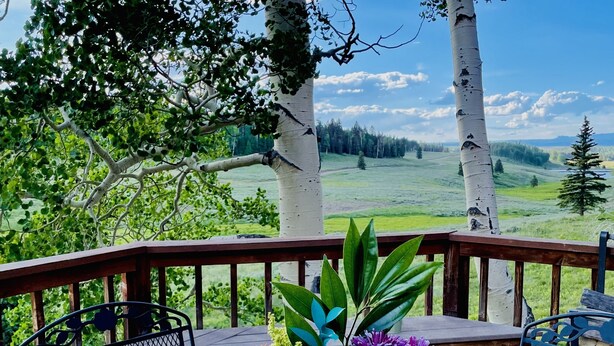 A round metal table with a metal chair on a deck, a vase of flowers, and a view of trees and a landscape. -  Arrowhead Sanctuary!! Beautiful Cabin! Deck with Fire Pit & Incredible Views! (Cimarron)