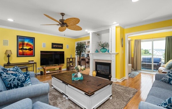 TV, fireplace, computer monitors, printers