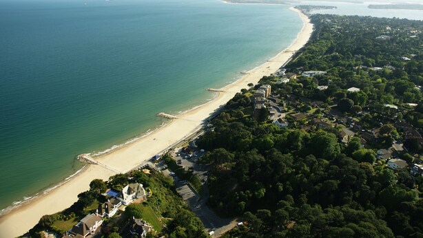 Eine Vogelperspektive einer Küstenregion mit Strand, Wohngebäuden und einem dichten Wald.