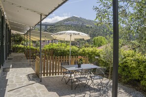 Eine Terrassengruppe mit Tisch und Stühlen, ein Holzzaun und Blick auf einen Berg.