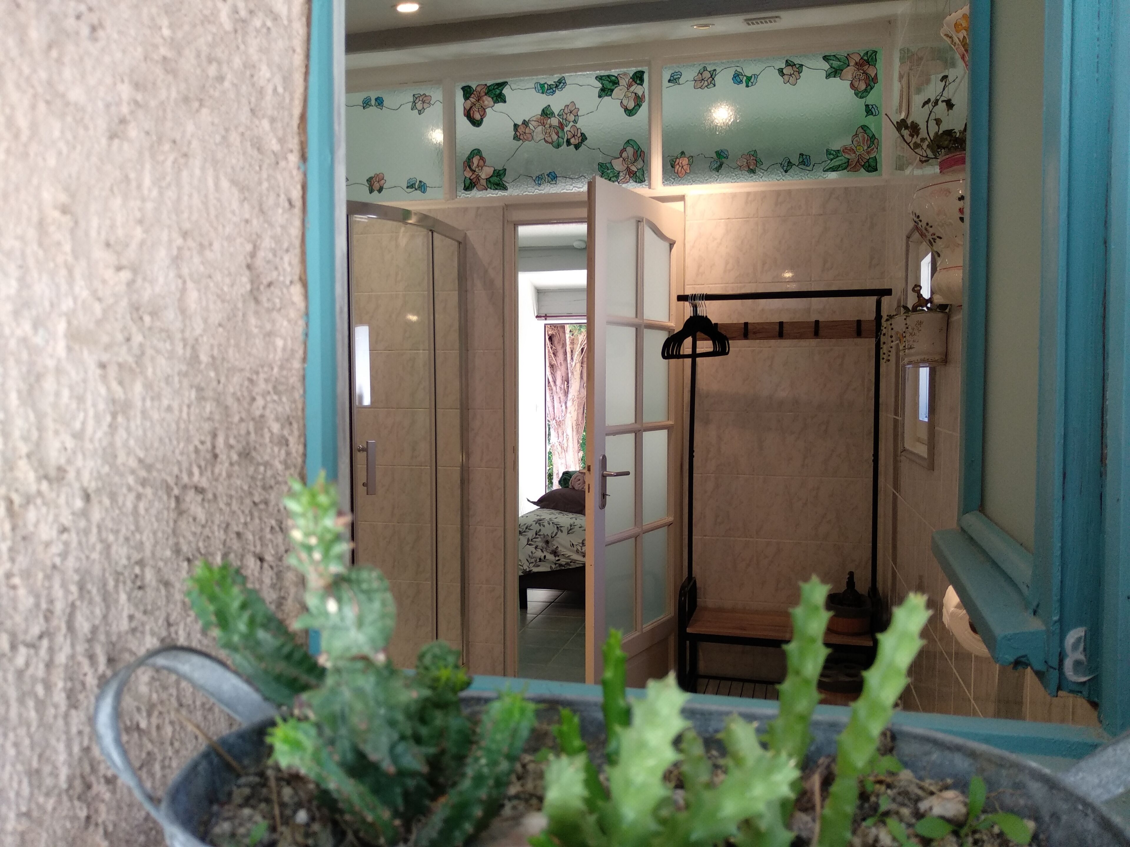 A bathroom with a shower, a towel rack, and a potted plant.