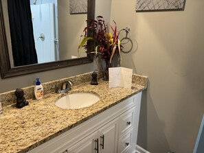 Separate bathtub and shower, rainfall showerhead, free toiletries