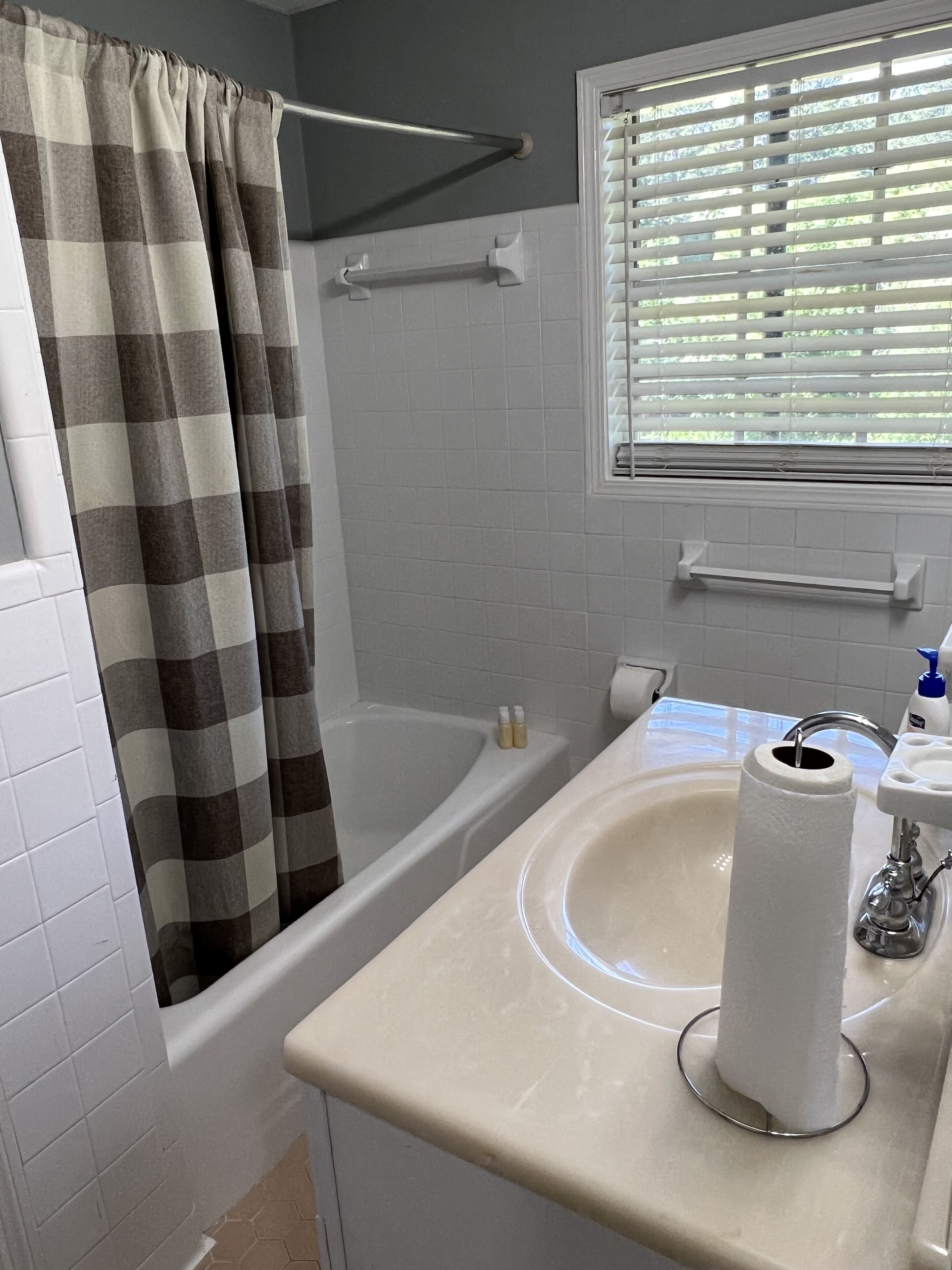 Une salle de bain avec un rideau de douche à carreaux, une baignoire, un lavabo muni d’un porte-serviettes en papier et une fenêtre avec des stores.
