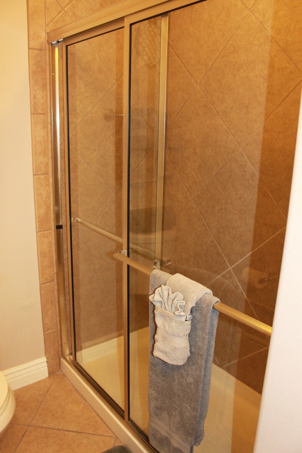 A glass-enclosed shower stall with a towel rack and a towel.