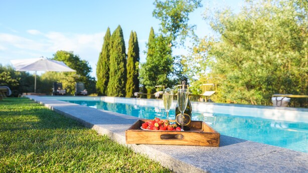 Escena junto a la piscina con una bandeja de madera que contiene fresas y copas de champán, rodeada por una piscina y follaje.