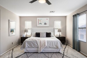 3 bedrooms, desk, iron/ironing board, travel crib