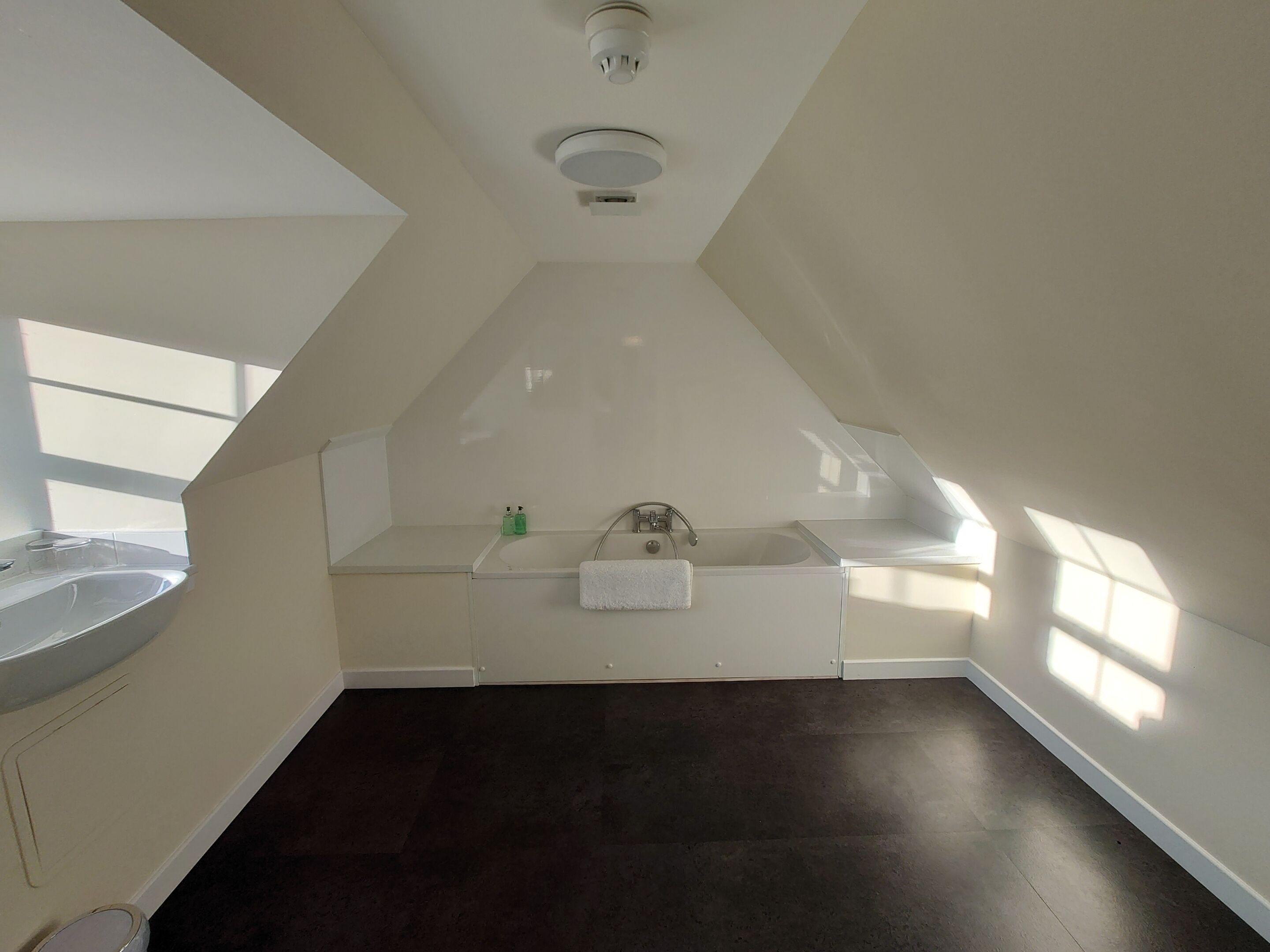 A spacious attic bedroom with a large skylight, a built-in bathtub, and a dark floor.