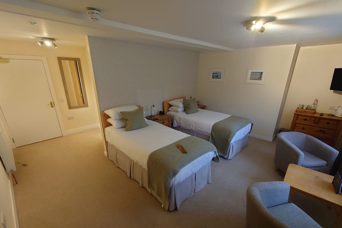 A bedroom with two single beds, a wooden nightstand, a chair, a dresser, and a mirror.