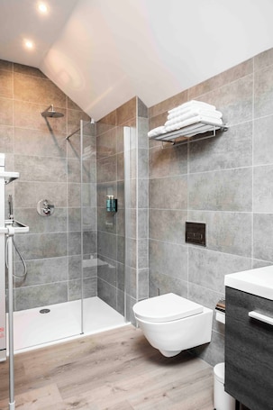 Shower, rainfall showerhead, hair dryer, towels. Hotel L'ARTiste