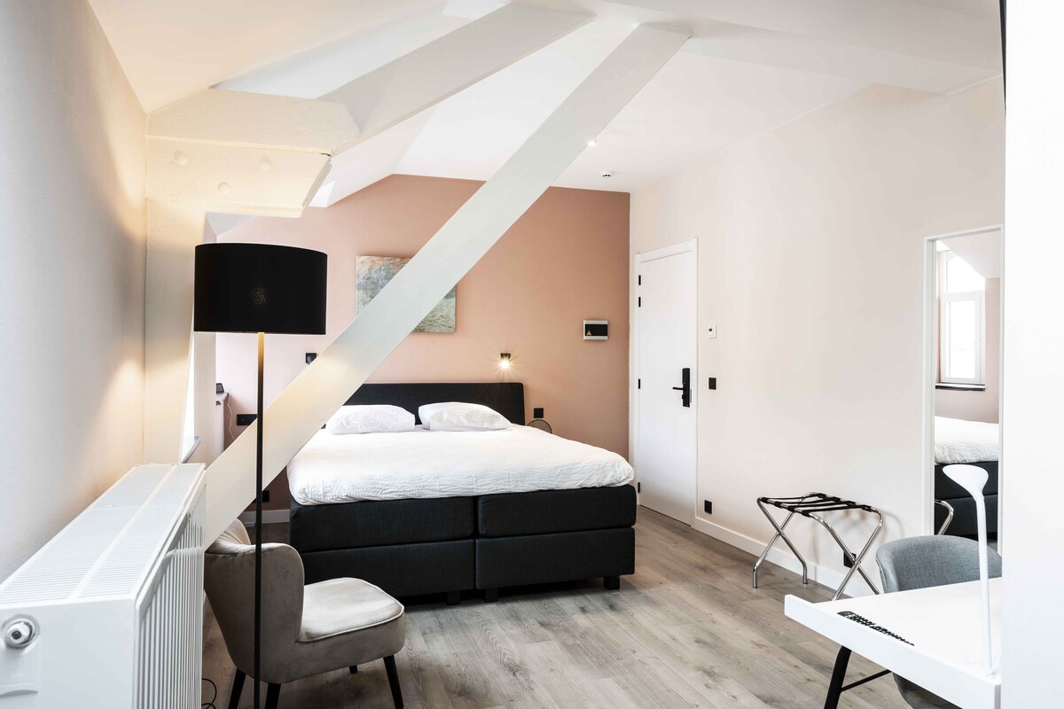 Un dormitorio moderno con cama, escritorio, silla, radiador y televisor.