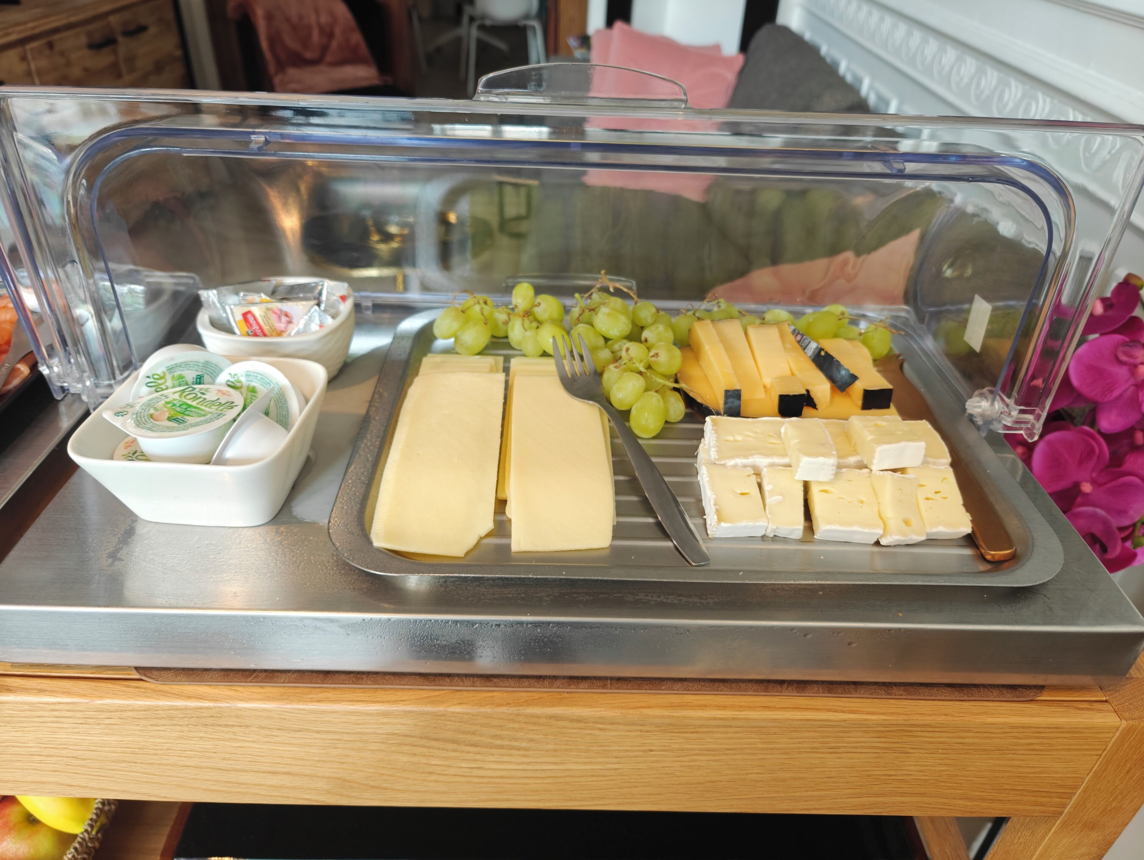 A buffet with cheese, grapes, and yogurt.